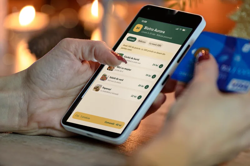 Clientă care comandă din aplicația restaurantului pe telefon